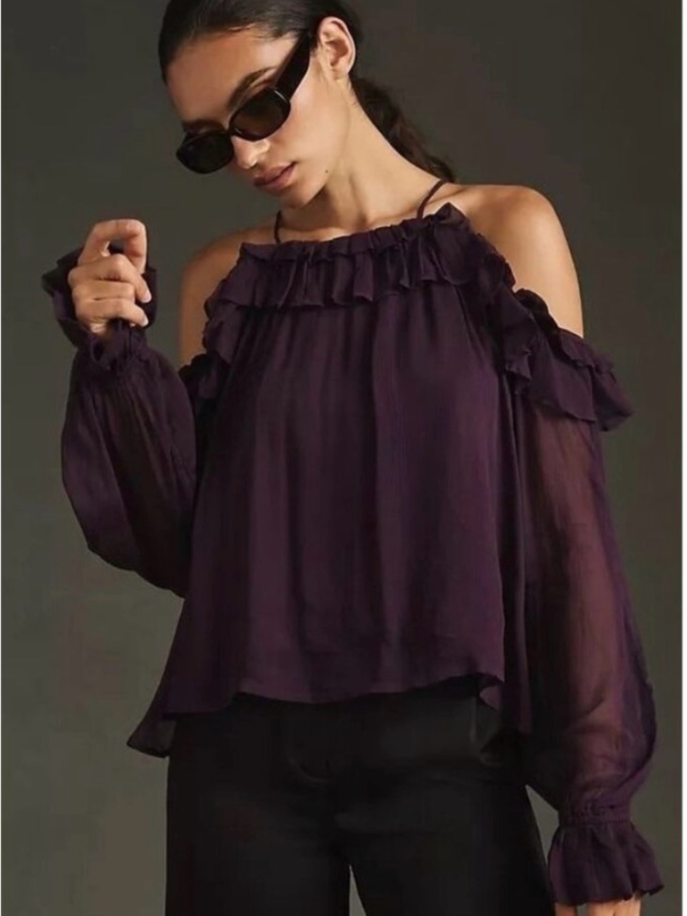 Anthropologie Plum Cold-Shoulder Chiffon Long-Sleeve Top